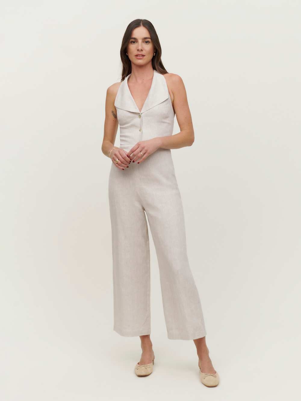 NWT Reformation Billie 100% Linen Button-Front Wide-Leg Jumpsuit in Oatmeal